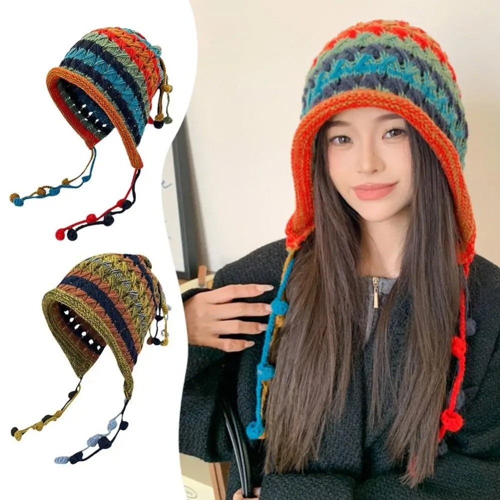 Winter Ethnic Fashion For Women - 패션 레인보우 스트라이프 니트 울 모자