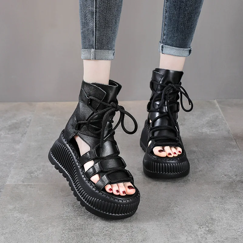 8CM 에스닉 소 가죽 앵클 부츠 여성용 속굽 플랫폼  - Ethnic Fashion For Ladies 리뷰 및 가격