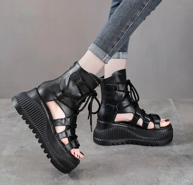 8CM 에스닉 소 가죽 앵클 부츠 여성용 속굽 플랫폼  - Ethnic Fashion For Ladies 리뷰 및 가격
