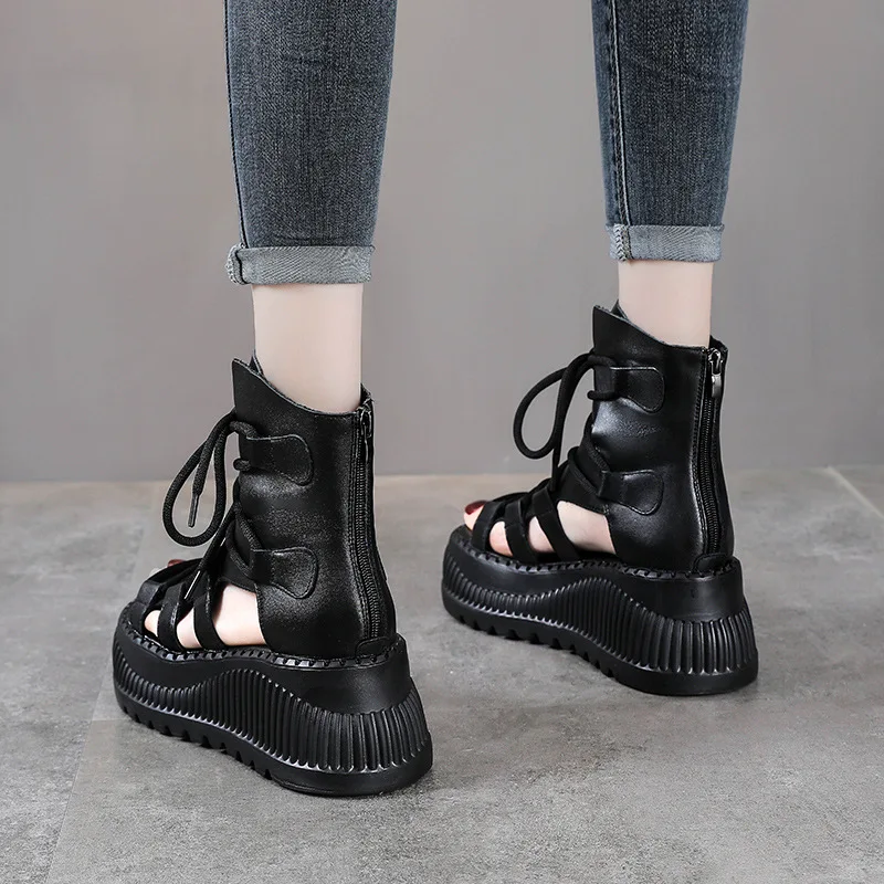 8CM 에스닉 소 가죽 앵클 부츠 여성용 속굽 플랫폼  - Ethnic Fashion For Ladies 리뷰 및 가격