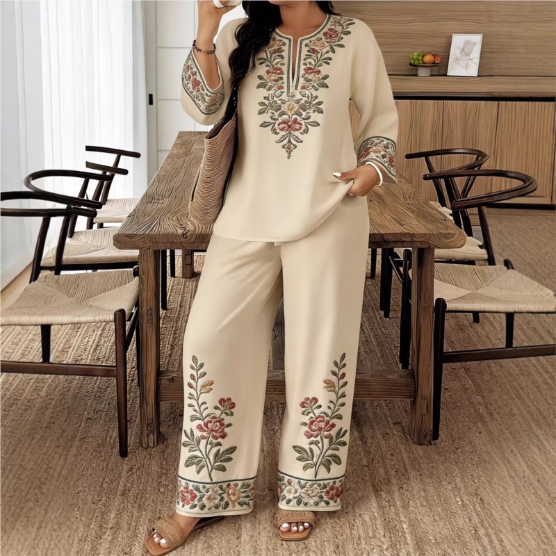 패션 레트로 프린트 긴팔 O 넥 셔츠와 바지 여성 정장 - Ethnic Fashion For Ladies 리뷰 및 가격