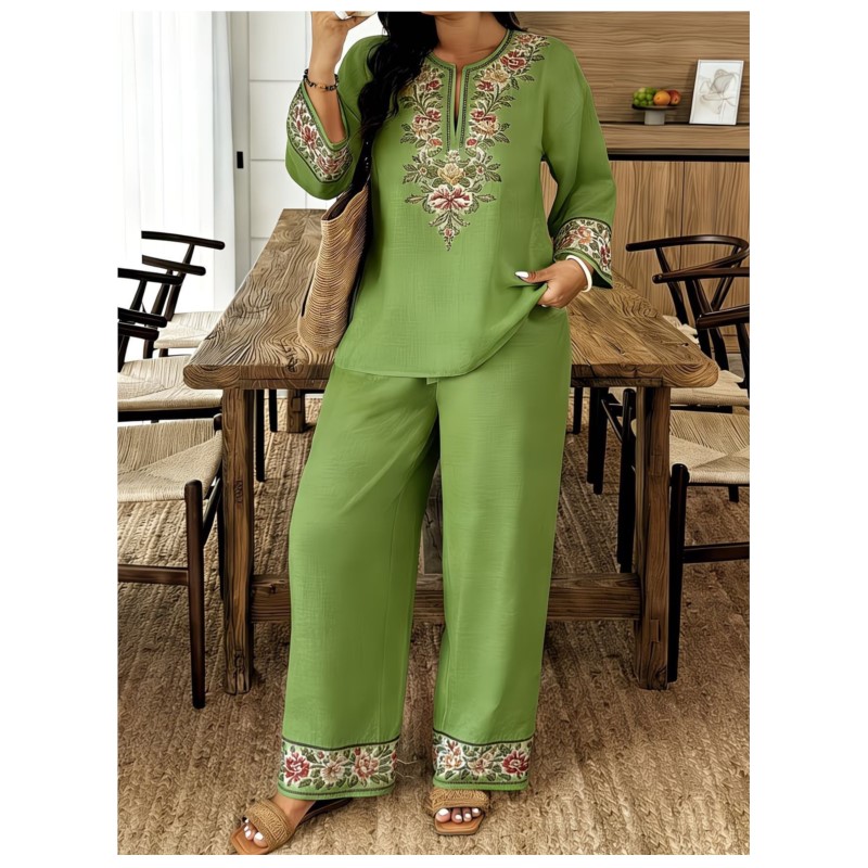 패션 레트로 프린트 긴팔 O 넥 셔츠와 바지 여성 정장 - Ethnic Fashion For Ladies 리뷰 및 가격