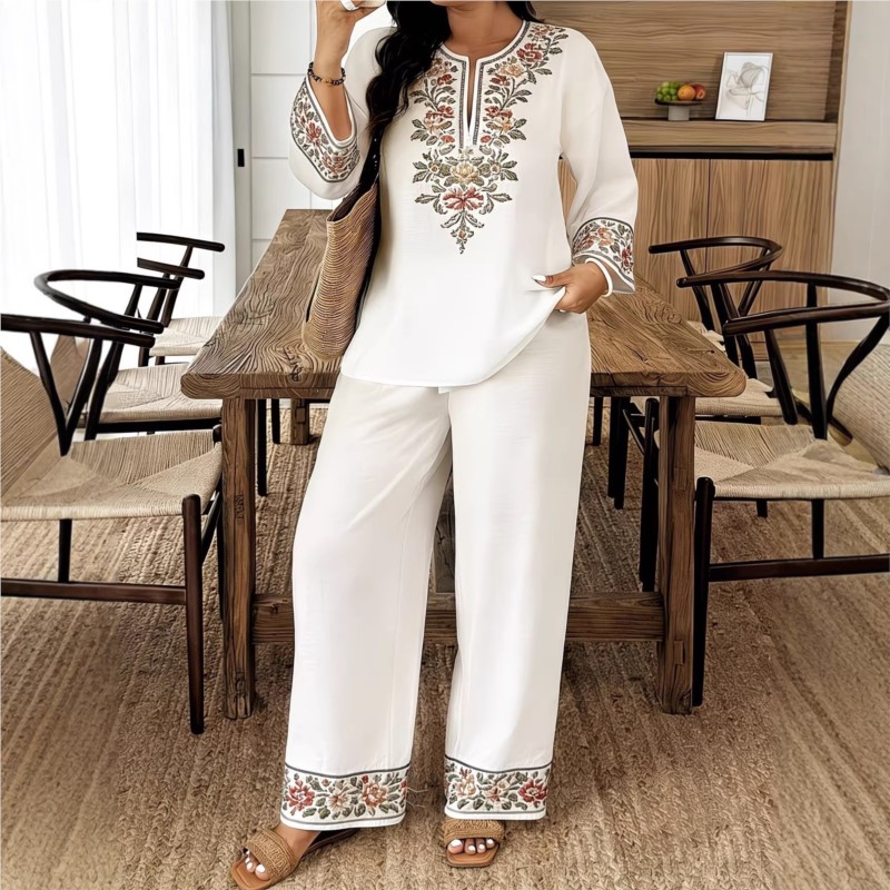 패션 레트로 프린트 긴팔 O 넥 셔츠와 바지 여성 정장 - Ethnic Fashion For Ladies 리뷰 및 가격