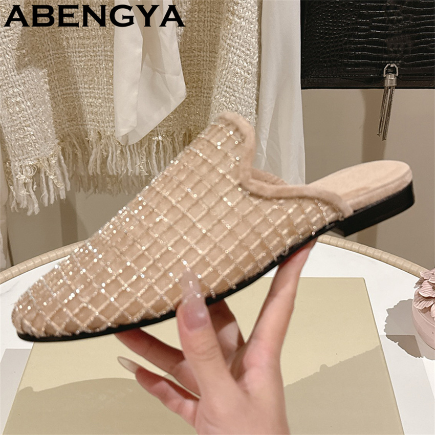 반짝이는 레이스 메쉬 라운드 토 플랫 슬리퍼 여성용 블 - Ethnic And Fashion 리뷰 및 가격
