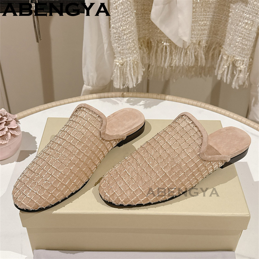 반짝이는 레이스 메쉬 라운드 토 플랫 슬리퍼 여성용 블 - Ethnic And Fashion 리뷰 및 가격