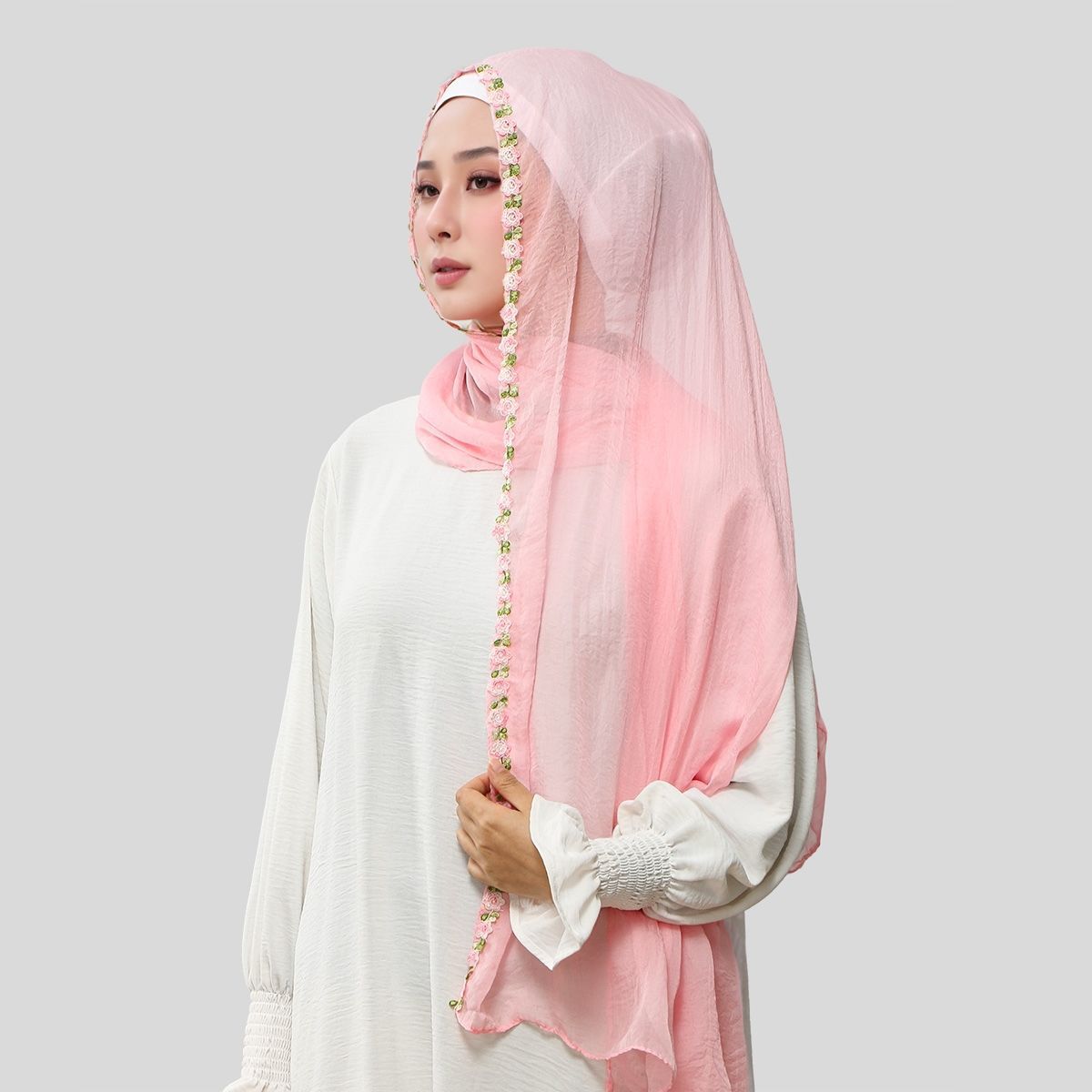 새로운 장미 자수 무지 쉬폰 롱 스카프 여성용 에스닉  - Ethnic Fashion For Ladies 리뷰 및 가격