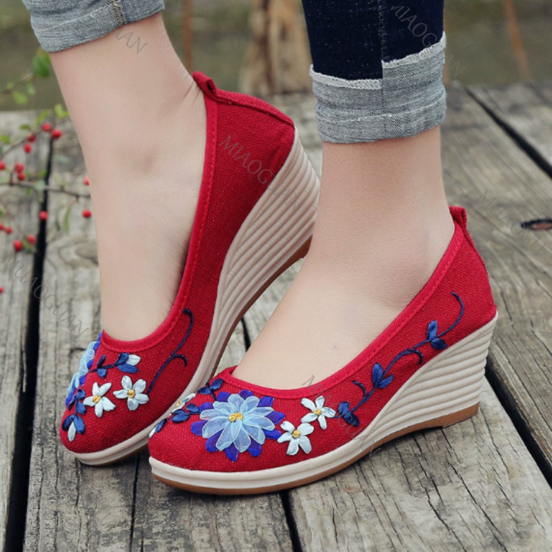 자수 여성 컴포트 웨지 플랫폼 슈즈 패션 리본 여성 하 - Ethnic Fashion For Ladies 리뷰 및 가격